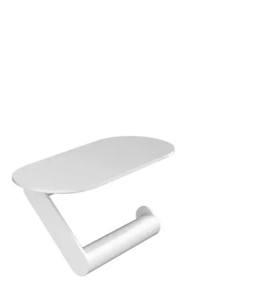 Weißer Wandhalter mit Ablagefläche, geeignet für Toilettenpapier. Design von Hansgrohe. Minimalistische Form mit einer stabilen Halterung.